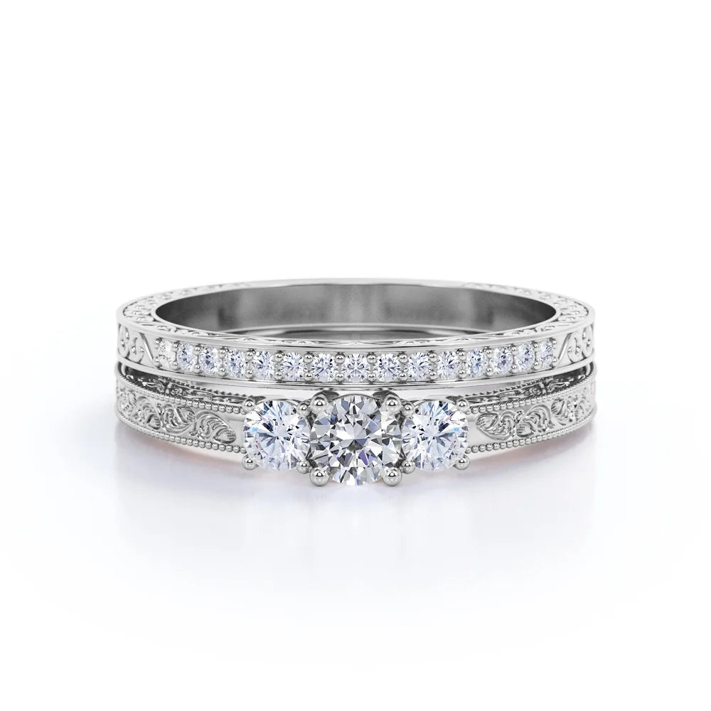 1.75 Carat Round Cut Moissanite Cathedral Wedding Ring Set in 18K White Gold Plating over Silver S8019