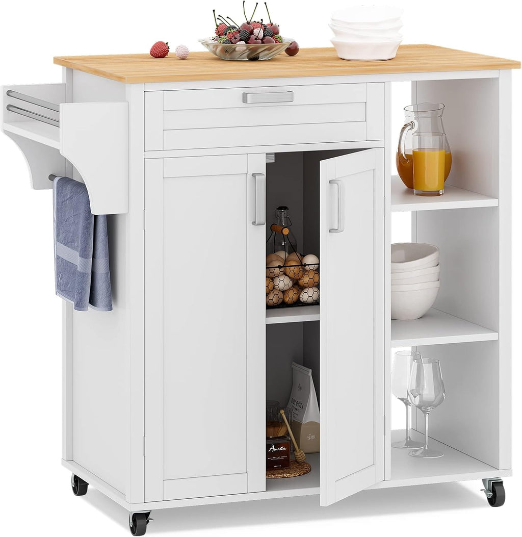 Black Rolling Kitchen Cart with Cabinet, Drawer, Two Doors, Wood Top K539