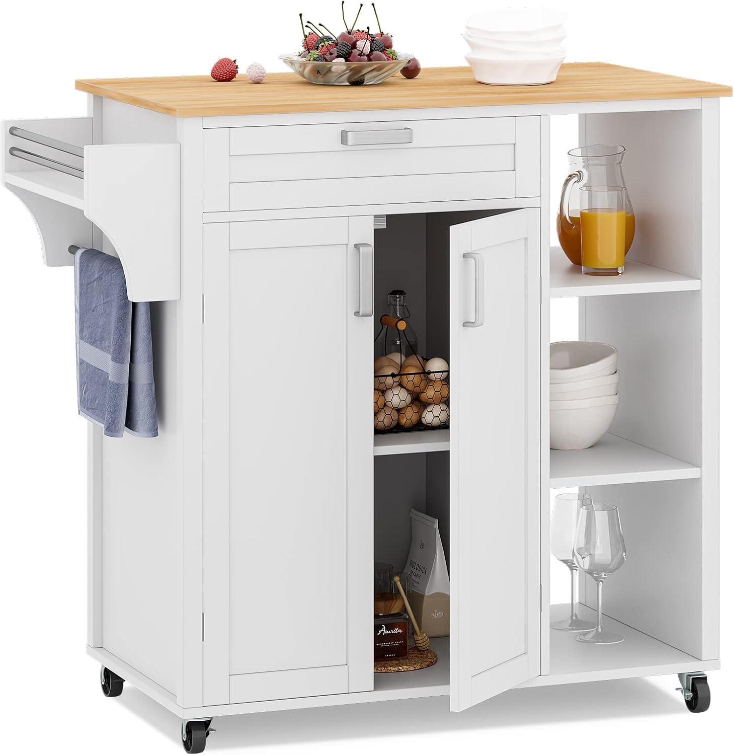 Black Rolling Kitchen Cart with Cabinet, Drawer, Two Doors, Wood Top K539