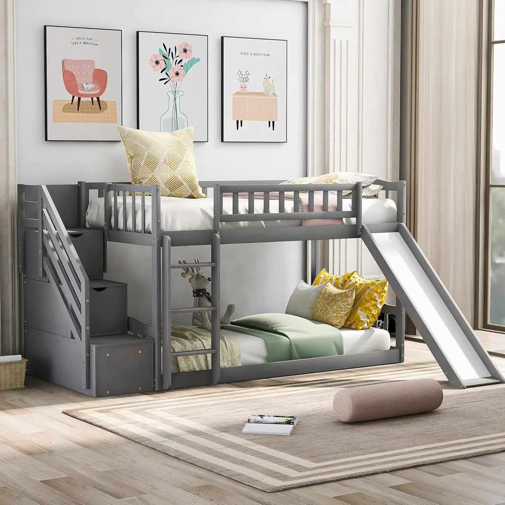 Twin Loft Beds with Slide and Staircase F6057