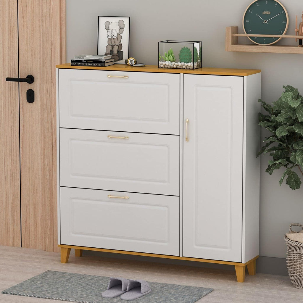 White-Walnut 3 Compartment Shoe Storage Cabinet with Locker P428910