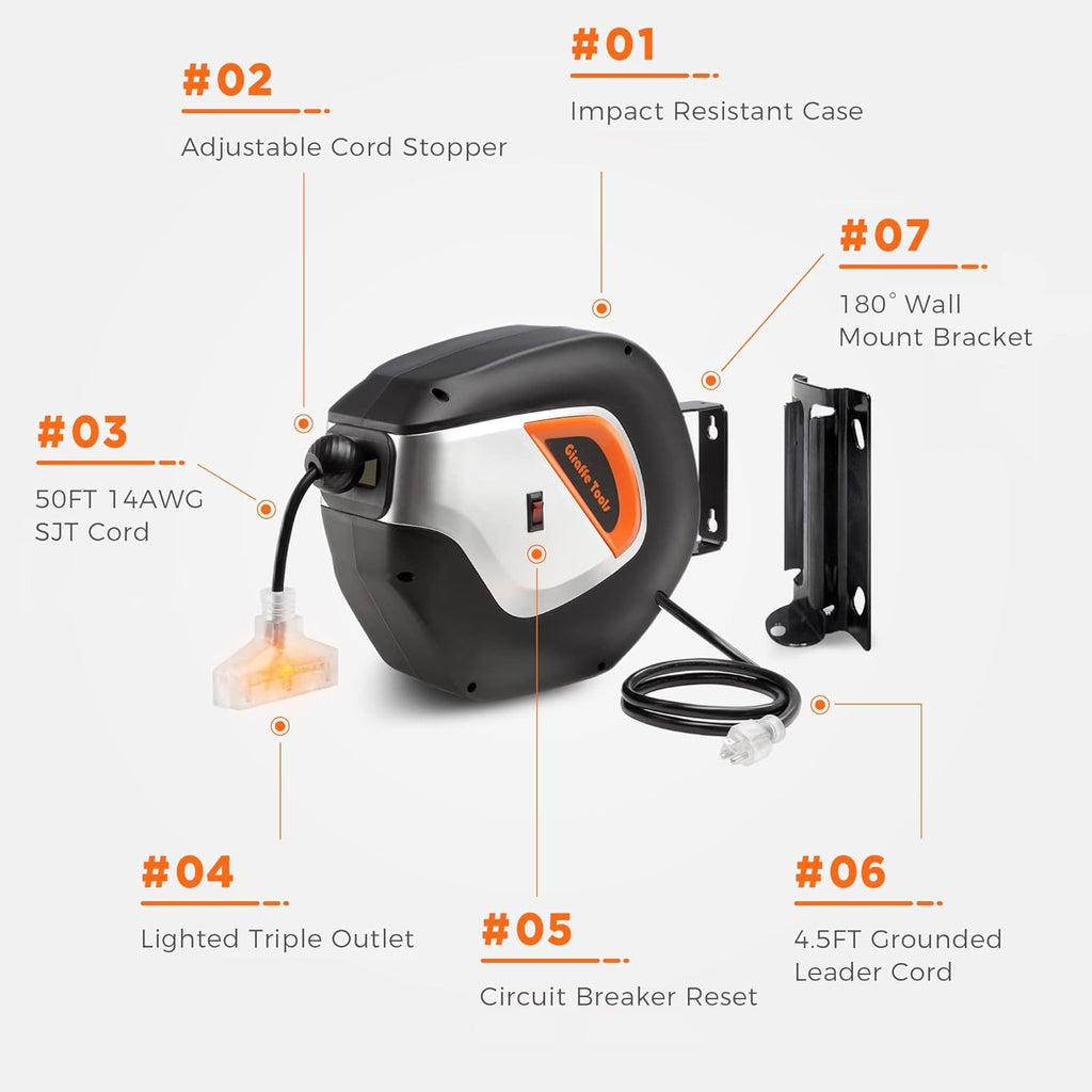 Retractable 14AWG x 50 feet Power Cord Reel with Swivel Bracket B511