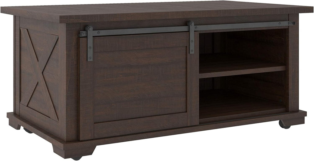 Farmhouse Rectangular Coffee Table with Sliding Barn Doors, Dark Brown R27294