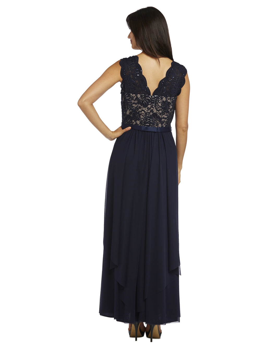 Navy/Taupe Sequin Lace Embroidered A-line Dress F5833