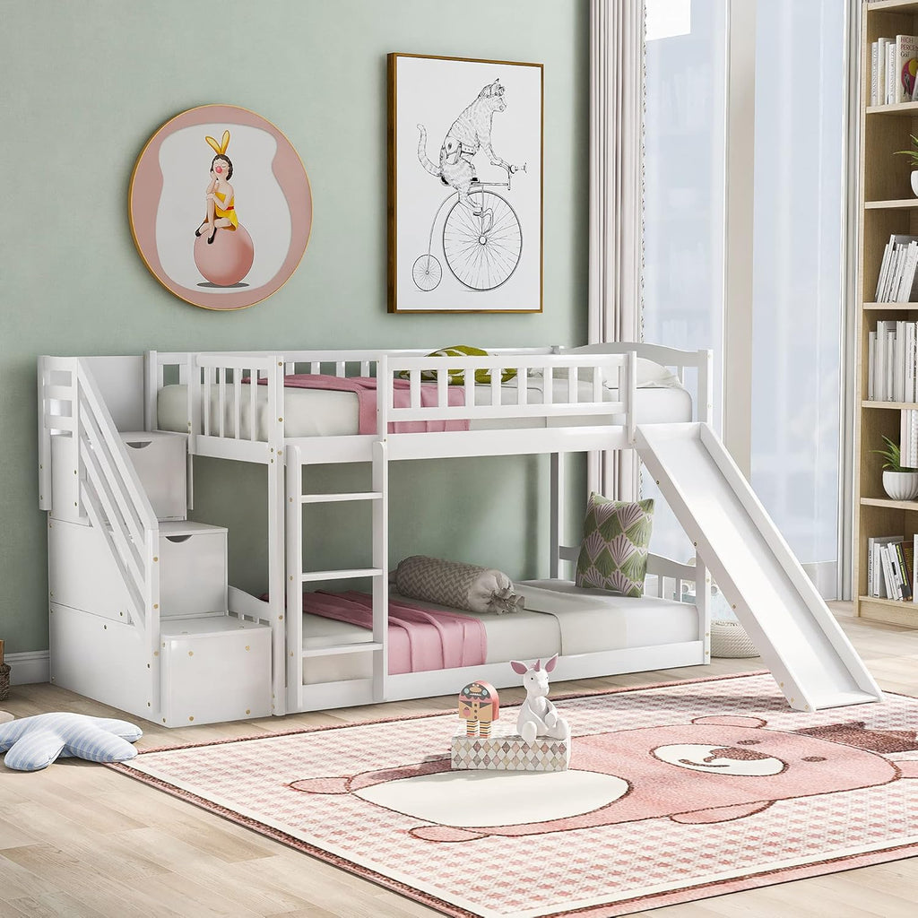 Twin Loft Beds with Slide and Staircase F6057