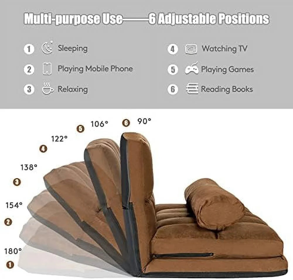 Gray 6-Position Fabric Folding Sofa Bed with 2 Pillows C273
