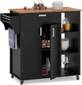 Black Rolling Kitchen Cart with Cabinet, Drawer, Two Doors, Wood Top K539