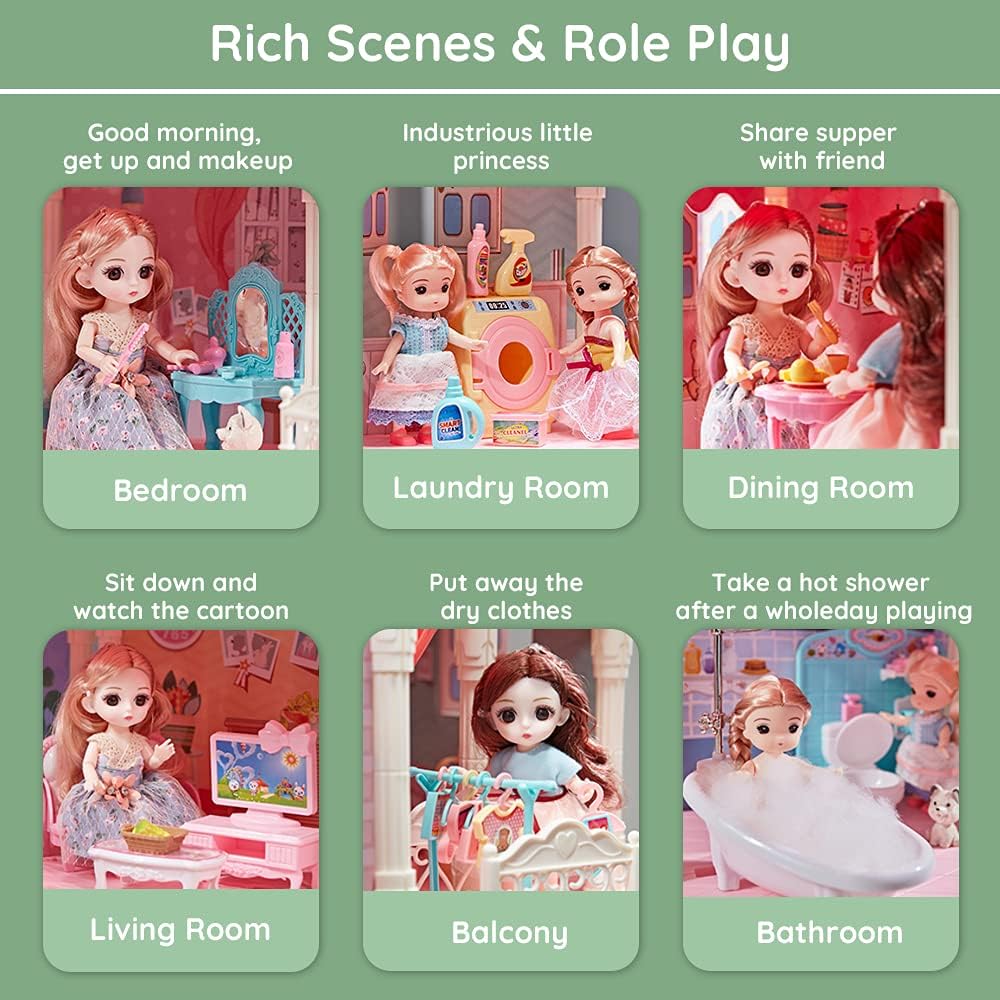 Dollhouse with Furniture Accessories 15 Rooms Pink Pretend Play Doll House Toy Playset O287820