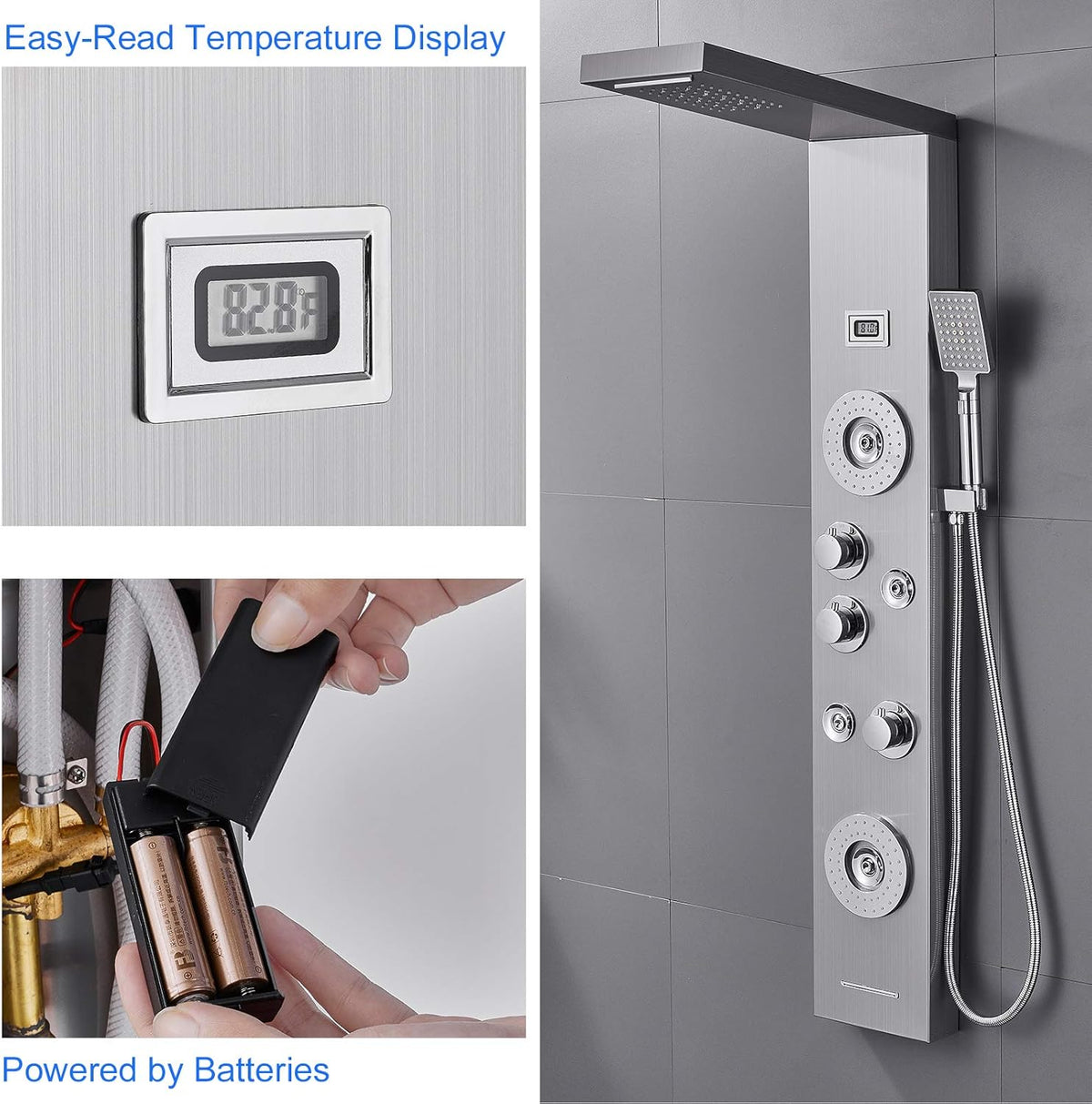 Shower Panel with LED Rainfall Waterfall Showerhead, 4 Mist Jets, 2 Body Sprays, Handheld and Waterfall Tub Spout, Stainless Steel Brushed B1236