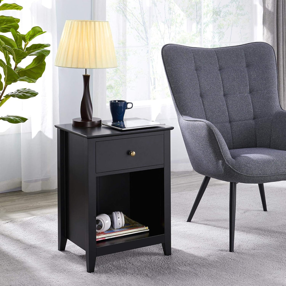 Black 2 Tier Wood Side Table with 1 Drawer and Bottom Shelf W20780