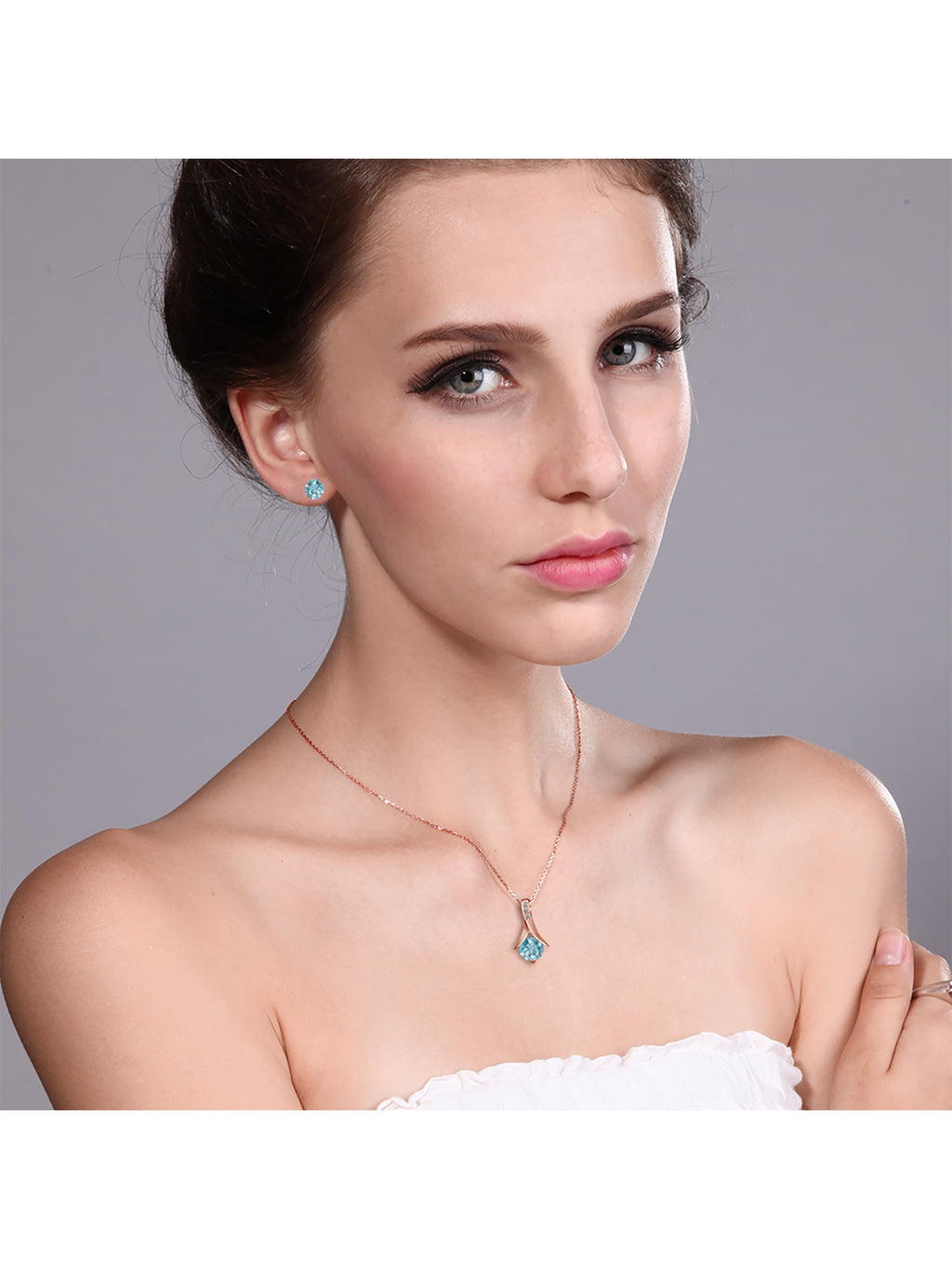18K Rose Gold Plated Silver Blue Zircon and White Diamond Pendant and Earrings Jewelry Set D9911